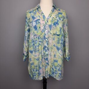 Ruby Rd Blue Green Lavender Tie Dye Button Front Blouse size 1X